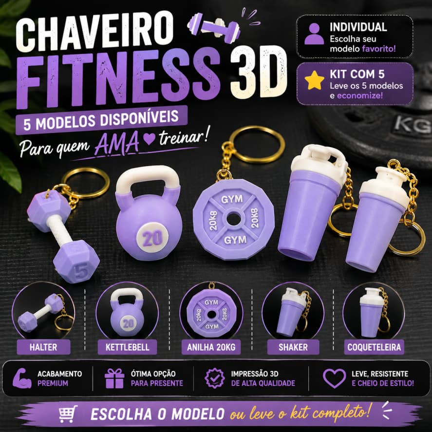 Chaveiro Fitness 3D Academia Musculação Halter Kettlebell Anilha Shaker Coqueteleira