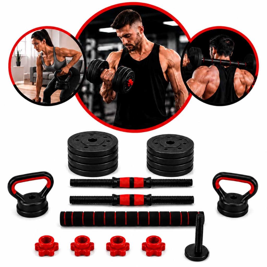 Kit 6 Em 1 Halteres 15kg Musculação Academia Força Anilhas Ajustáveis Kettlebell Fit Cor Preto JagFit