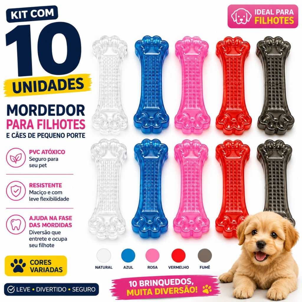 Kit 10 Mordedores para Filhotes de Cachorro Brinquedo Ossinho PVC Atóxico Maciço Resistente