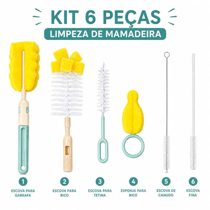 Kit 6 Peças Escova Lavar Mamadeira e Bico Bebê Limpa Canudo Esponja Higiene Infantil Livre de BPA
