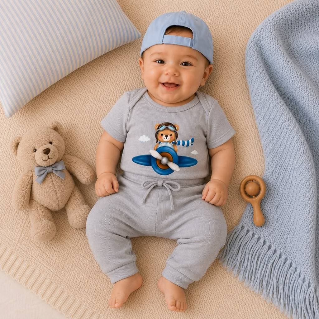 Conjunto Bebê Canelado Cinza Menino Ursinho no Avião Body + Calça Algodão Conjunto Infantil Menino Presente Chá fralda