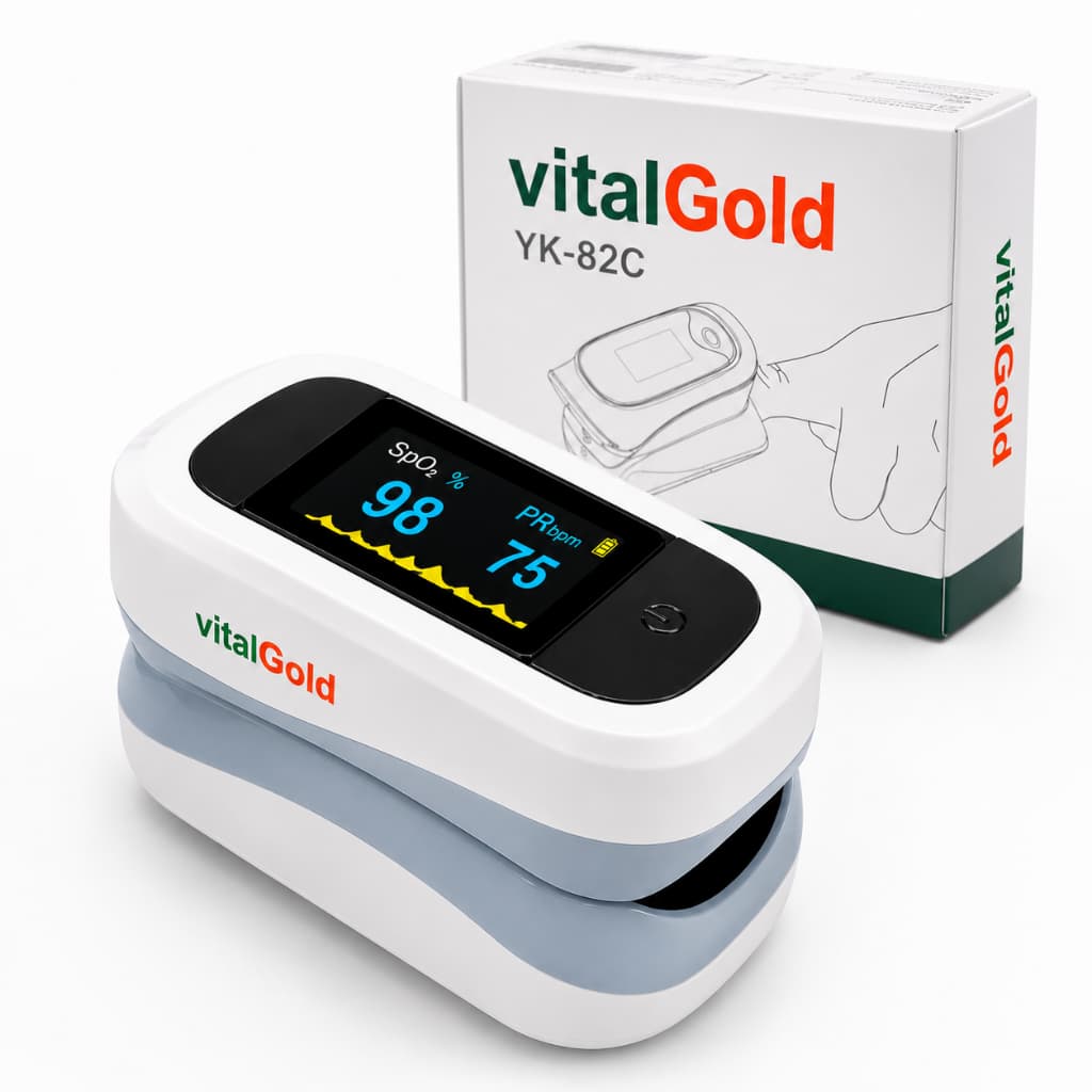 Oxímetro de Dedo VitalGold YK-82C SpO2 Saturação Oxigênio Frequência Cardíaca Digital Portátil com Pilhas e Cordão