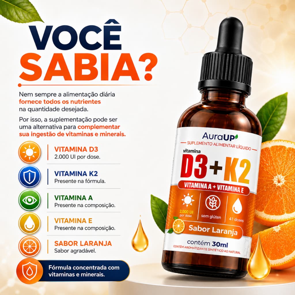 Vitamina D3 + K2 MK7 Concentrada Vitamina A, E  30ml AuraUP Gotas Sublingual Saúde Óssea e Imunidade
