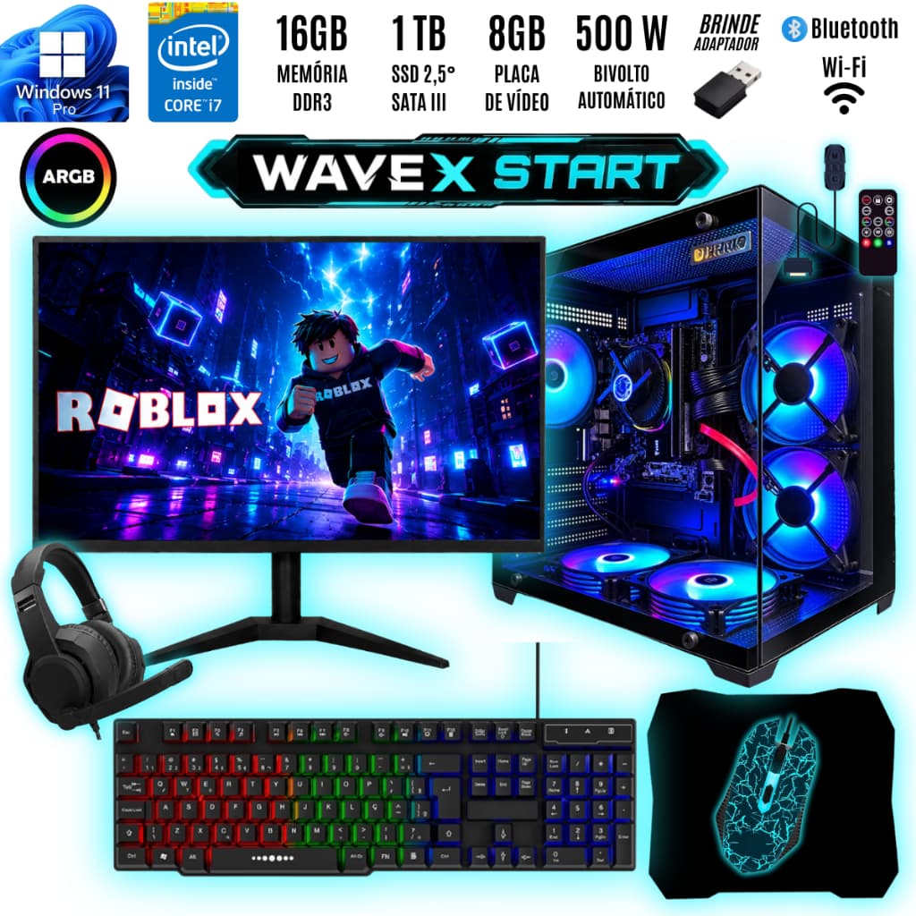 PC Gamer WaveX Start Preto I7 16GB Ram LED Controlável ARGB Adaptador Wifi Bluetooth Computador Montado Monitor + Kit