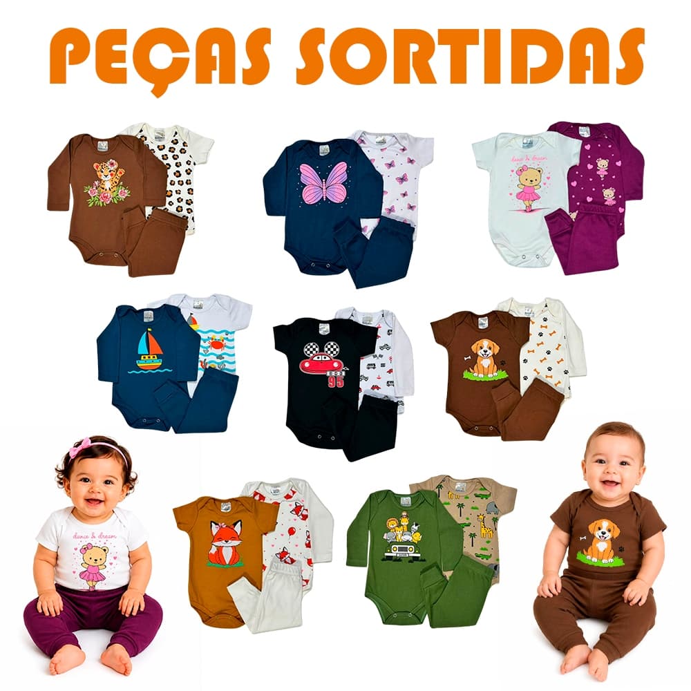 Kit 9 Peças Sortido Body de Bebê Menino Menina Roupa de Inverno Manga Longa e Curta Conjunto Para Bebê Tamanho RN ao GG