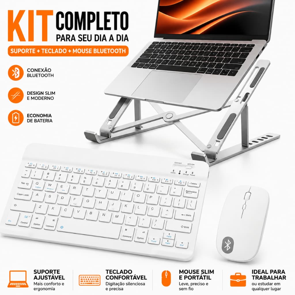 Kit Teclado e mouse sem Fio Bluetooth + suporte aliminio para notebook