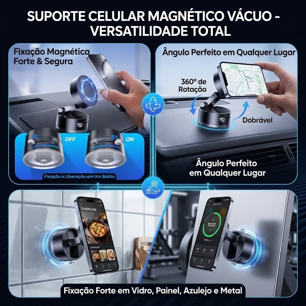 Suporte Celular Magnético Vácuo Automotivo Ventosa Sucção Forte 360 Dobrável Portátil Para Carro Vidro Painel