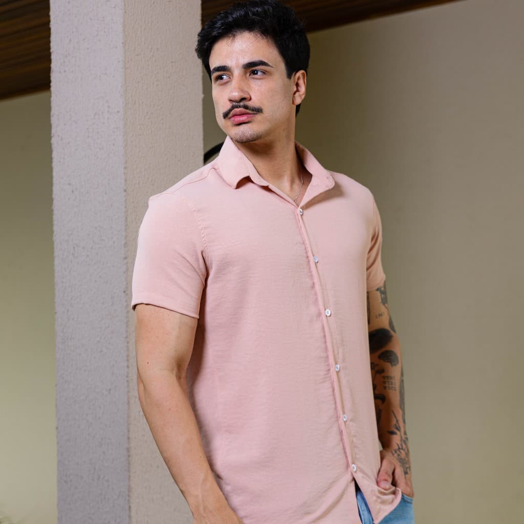 Camisa Social Masculina Manga Curta Slim Fit Texturizada Leve