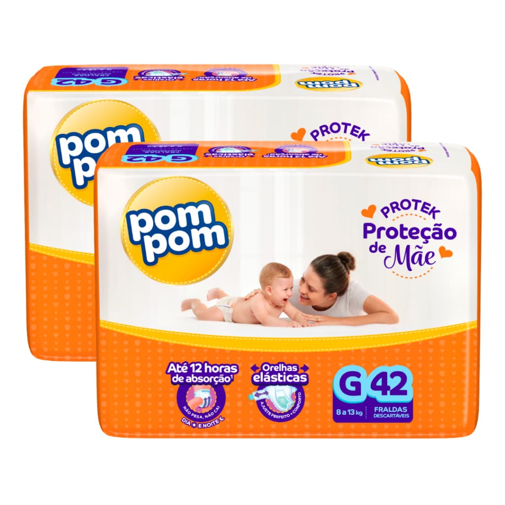 Kit 2  Fralda Descartável Infantil Pom Pom Protek Proteção de Mãe Mega