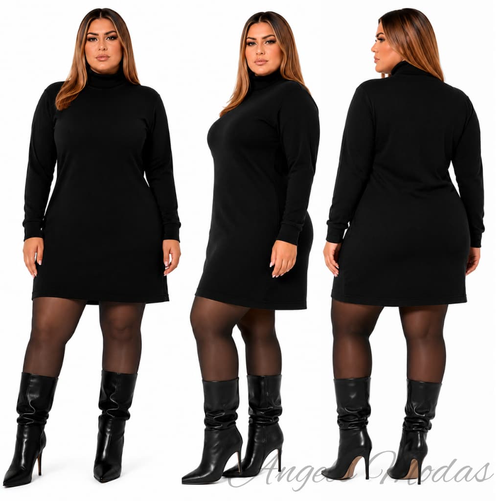 Vestido Plus Size Feminino Inverno Gola Alta Manga Longa em Lãnzinha