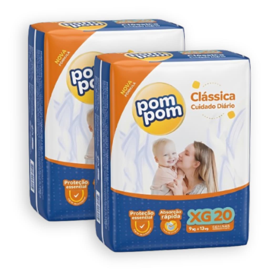 Kit 2 Fralda Descartável Pom Pom Clássica XG Pacote Jumbo - Total 40 Unidades