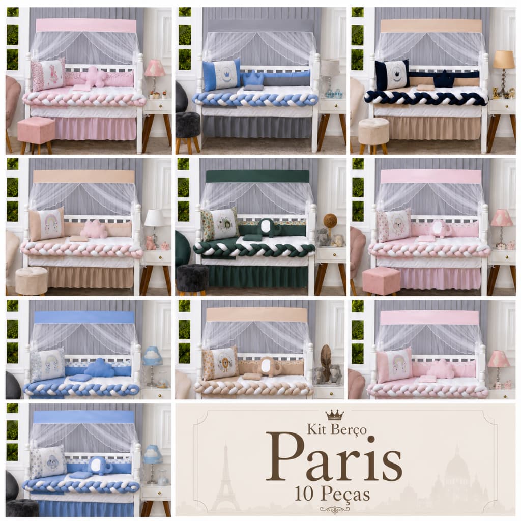 Kit Berço Paris 10 Peças Completo Enxoval Bebê Menino Menina com Cabeceira Laterais e Mosquiteiro