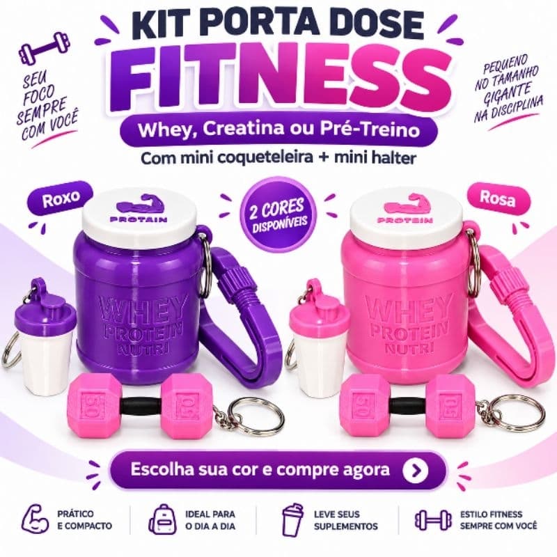 Kit Chaveiro Fitness Porta Dose Whey Creatina Pré Treino com Mosquetão Mini Coqueteleira e Halter Academia
