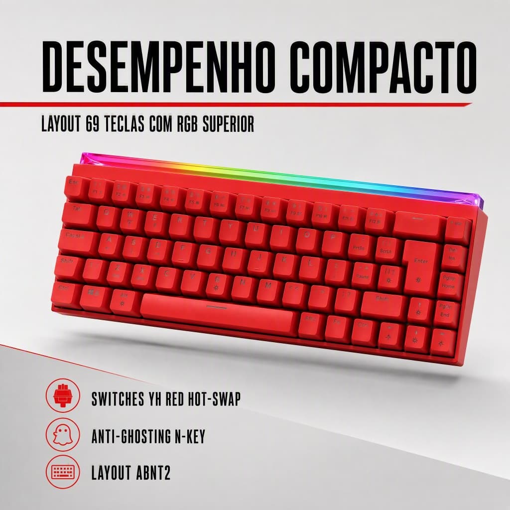 Teclado Mecânico Gamer Vermelho 69 Teclas ABNT2 Hot-Swap Switch Red RGB Top Light USB-C