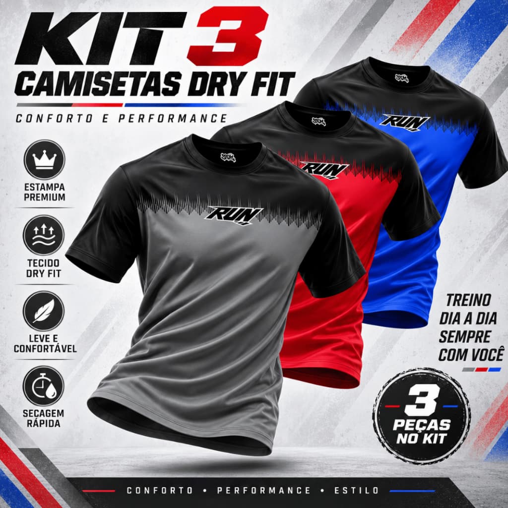 Kit 3 Camiseta Esportiva Masculina Camisa Dry Fit Cross Fit Treino Academia Musculação