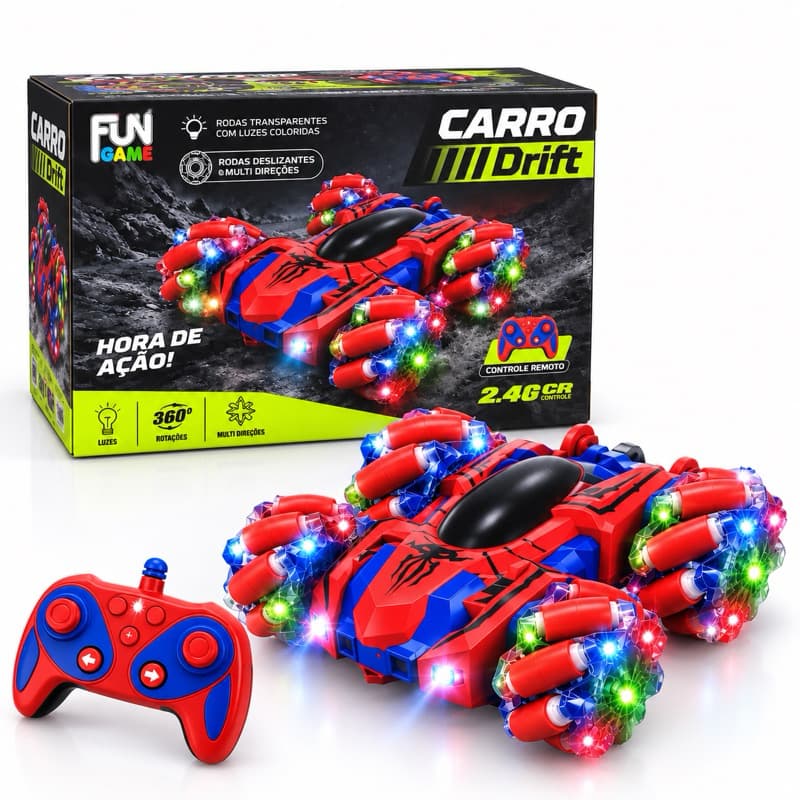 Carrinho Controle Remoto Recarregável Homem Aranha Drift Luz Acrobata Maluco Gira 360 Brinquedo Infantil