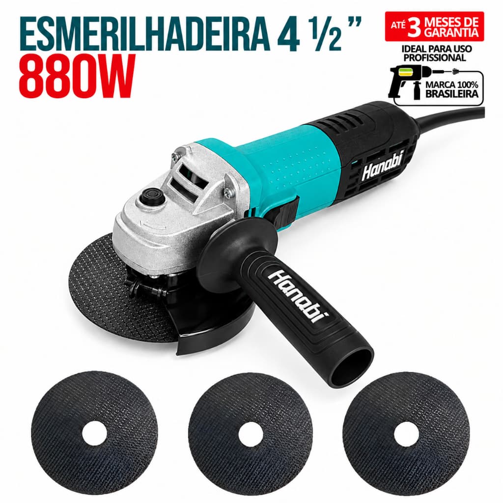 【Hanabi】Esmerilhadeira Lixadeira Angular 880W 115mm 60Hz Azul-Petróleo para Corte Desbaste Metal PVC Madeira