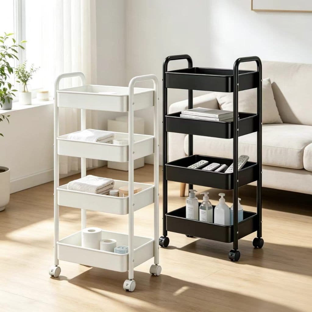 Carrinho Organizador de  3/4 Andares com Rodas, Multiuso para Cozinha, Banheiro e Quarto, Preto e Branco