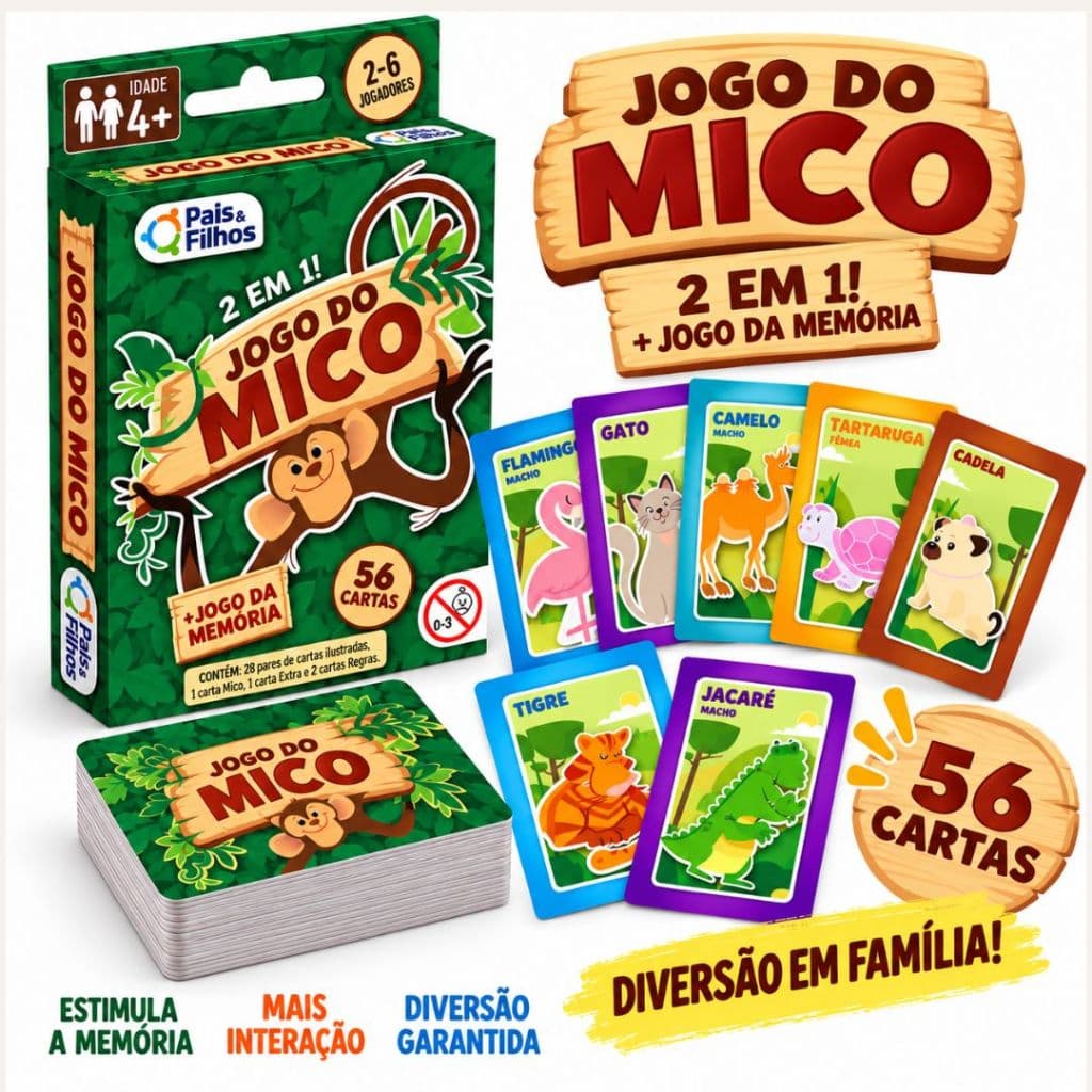 JOGO DO MICO 56CARTAS BARALHO DIVERSÃO BRINQUEDO FAMÍLIA APRENDER RACIOCÍNIO LÓGICO MACACO