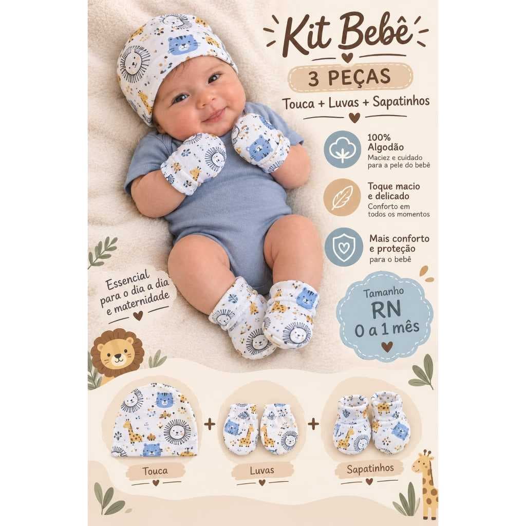 Touca Luvas e Sapatinhos Safari  Kit Bebê 3 peças 100% Algodao Enxoval Recem Nascido Maternidade