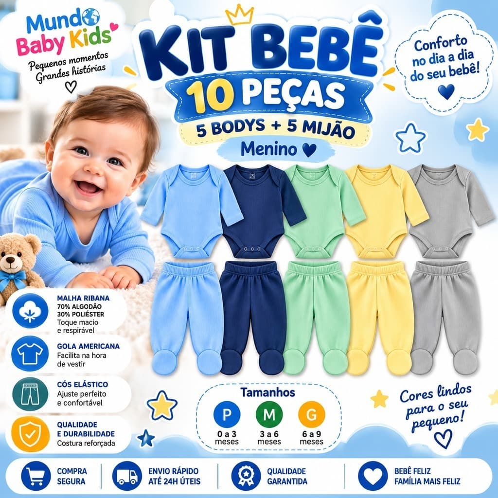 Kit 10 Peças Bebê Menino 5 Body Manga Longa + 5 Mijão Roupa Infantil Enxoval P M G Menina