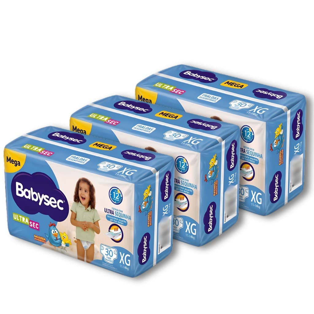 Kit 3 Fralda Descartável Babysec Mega UltraSec Tam XG Galinha Pintadinha -Total 90 Unidades