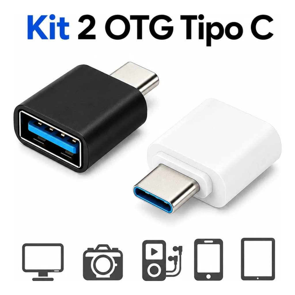 Kit 2 Adaptadores Conector OTG Tipo C para USB 3.0 Celular, Pen drive, Notebook, Teclado, Mouse