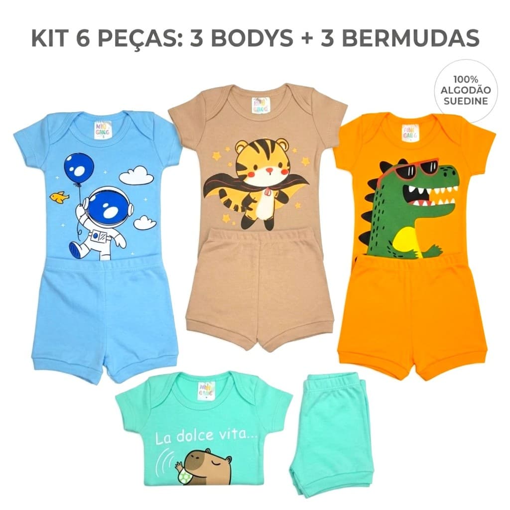Kit 6 Peças Roupa de Bebê Body Menino Suedine Algodão 3 Body Manga Curta + 3 Shorts Nenem Enxoval Verão P ao GG