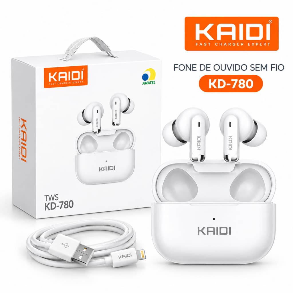 Fone de Ouvido Sem fio Bluetooth TWS Kaidi KD-780    Descrição:  Fone de Ouvido Sem fio Bluetooth TWS Kaidi KD-780.