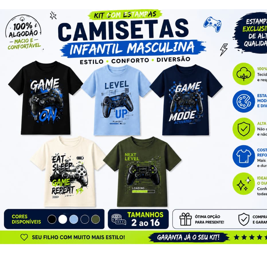 Camiseta Blusa Infantil Menino Gamer 100% Algodão Estampada Controle Videogame 2 ao 16 Varia Cores