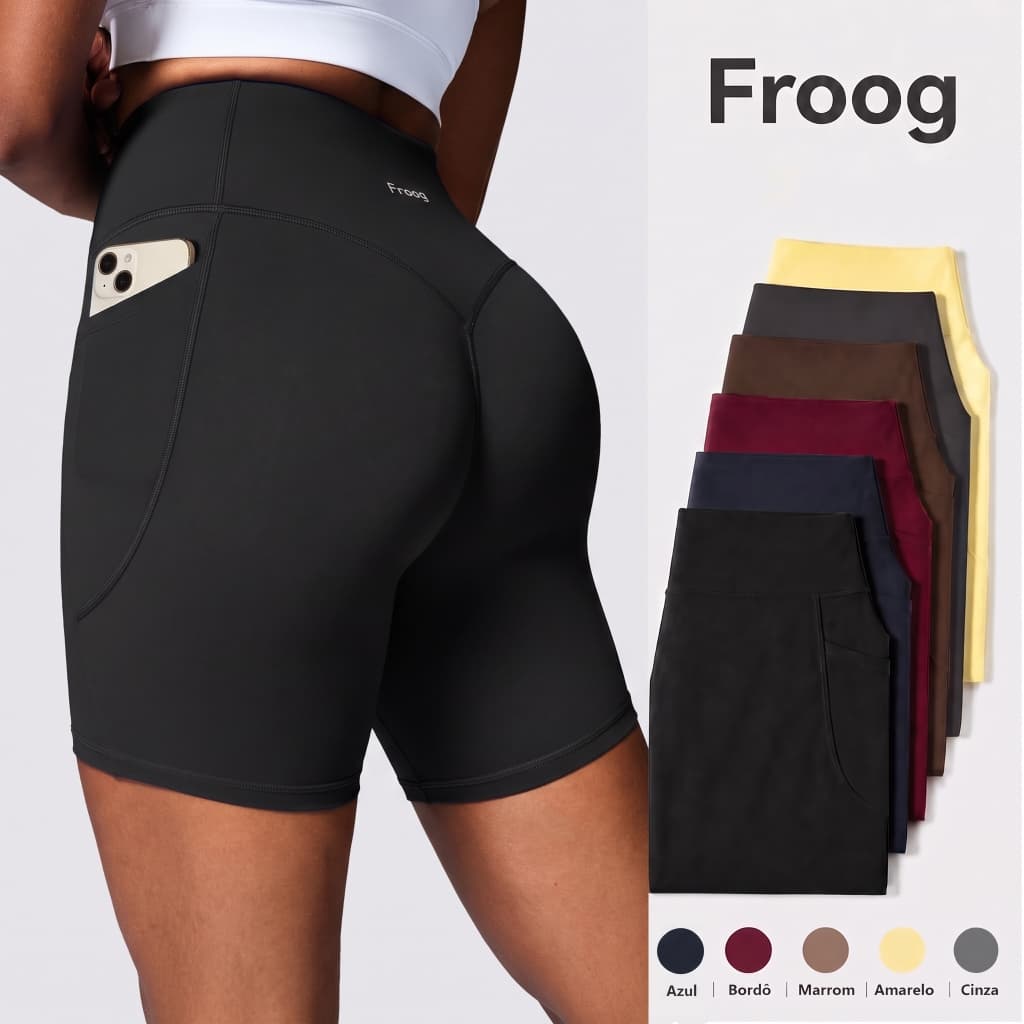 Froog Short Fitness Feminina Roupa de Academia com Bolso +Zero Transparência +Cintura Alta +Elástica