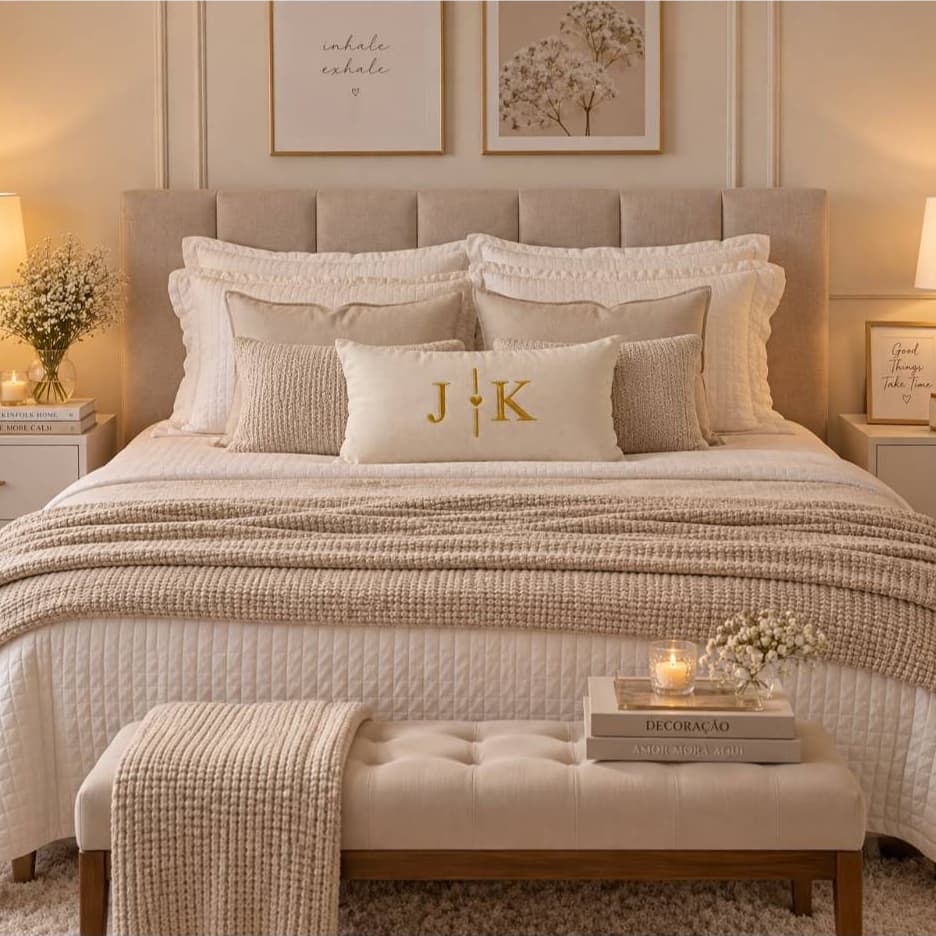 Almofada Decorativa Personalizada para Casal com Iniciais e Coração – Bordado Premium 50x30cm