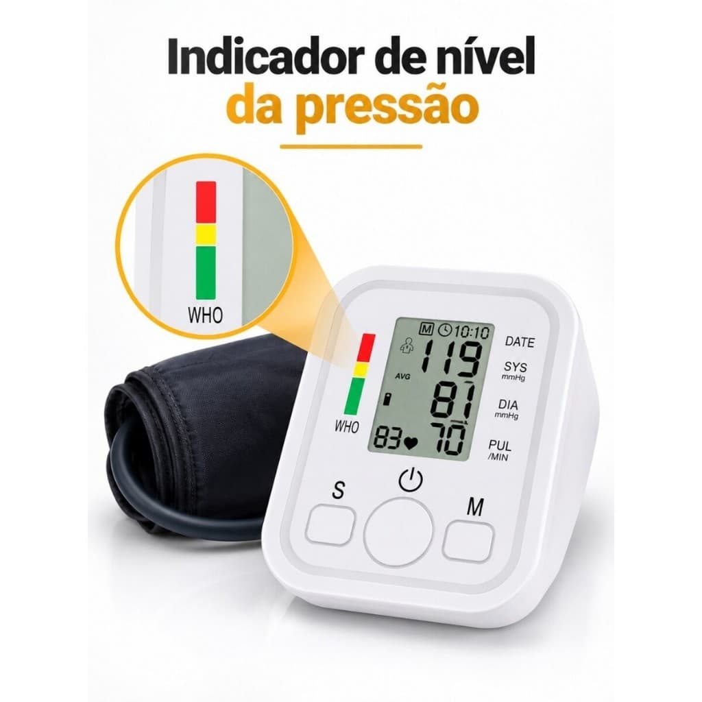 Aparelho Medidor de Pressão Arterial Digital de Braço Automático com Tela LCD e Medidor de Pulso