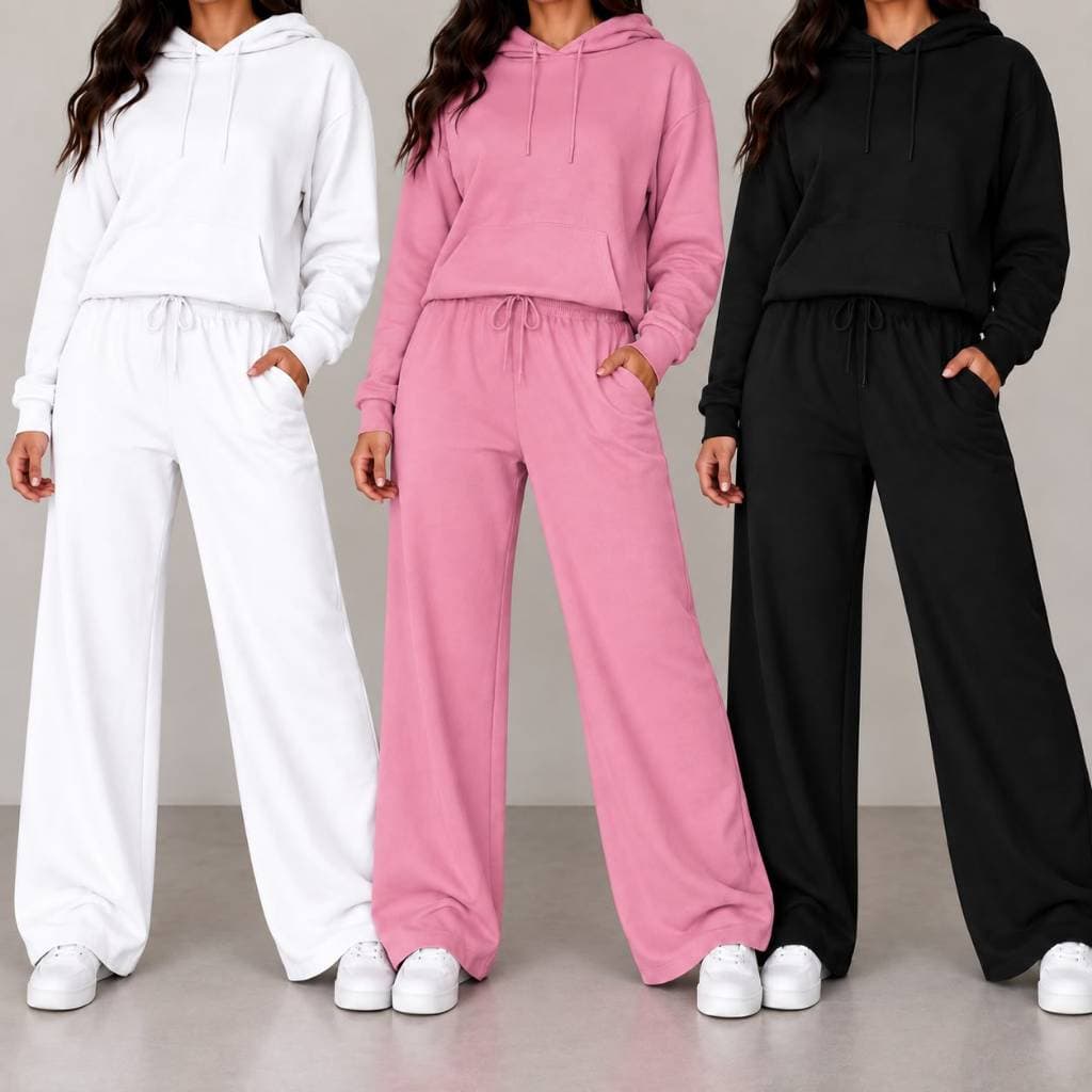 Conjunto Moletom Peluciado Blusa Canguru com Capuz Calça Wide Leg Cintura Alta