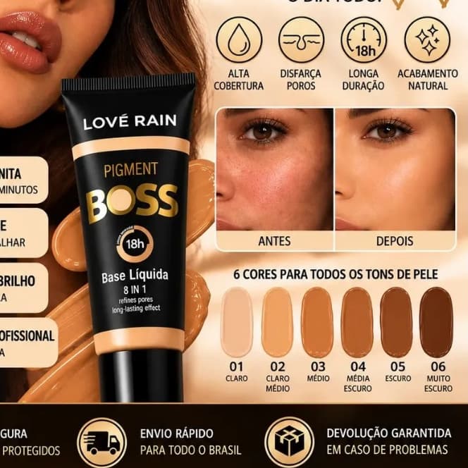 Base Líquida Love Rain Pigment Boss 8 em 1 Alta Cobertura Longa Duração 18H 60ml