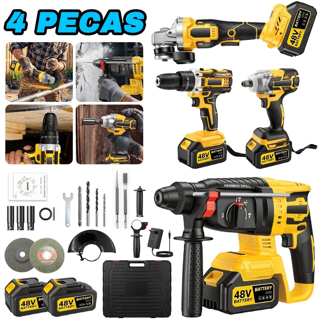Kit Ferramenta Completo 4 em 1 48V Alta Potencia com Caixa Plastica Chave Impacto Furadeira e Esmerilhadeira