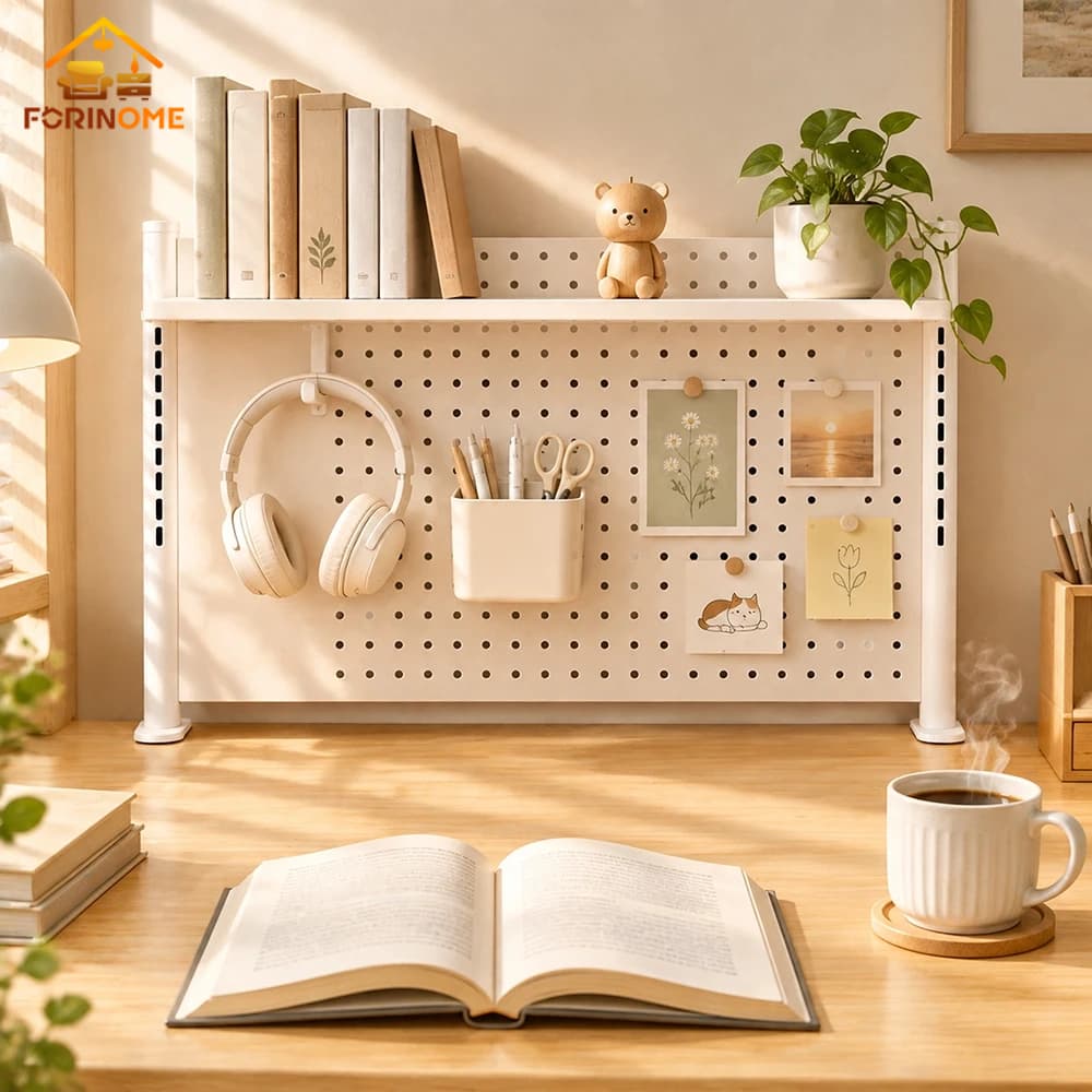 Painel Organizador Vertical para Mesa de Parede com Prateleira, Ganchos e Suportes com Furos