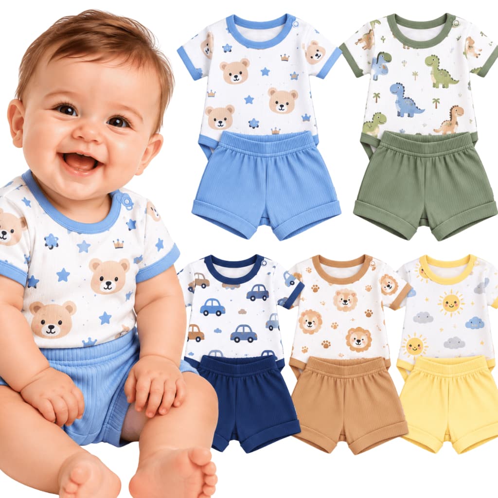 Kit 5 Conjunto Bebê Menino Body e Short Algodão RN P M G Roupa Bebê Verão Enxoval Bebê