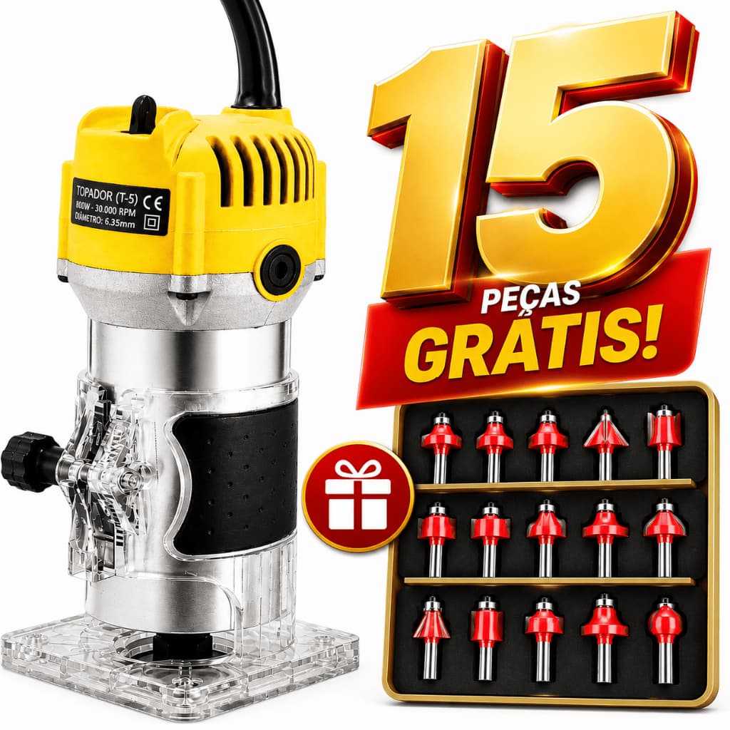 Tupia Laminadora 800W 6mm 110V/220V com 15 Fresas Profissional para Madeira