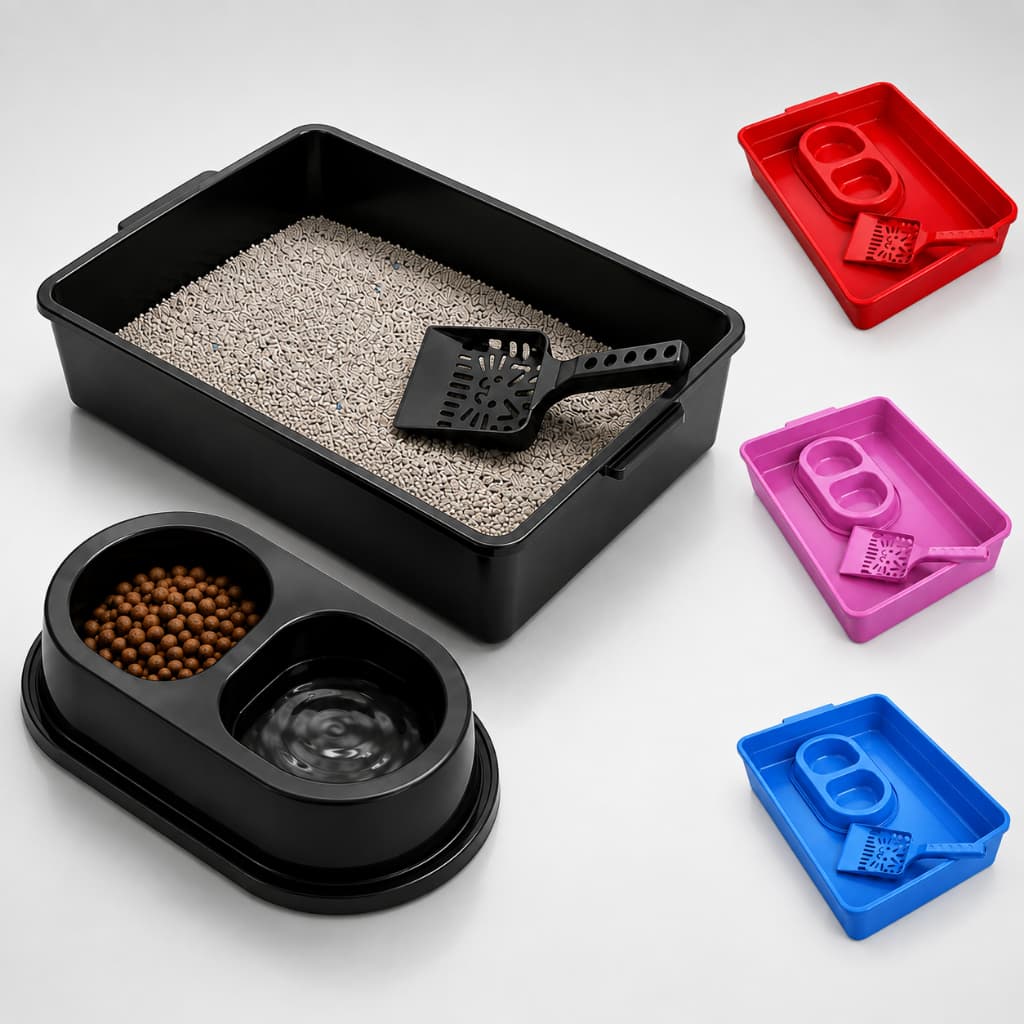 Kit Caixa de Areia para Gatos Completo com Bandeja Sanitária Comedouro Pá Higiênica Banheiro para Gato Filhote Adulto