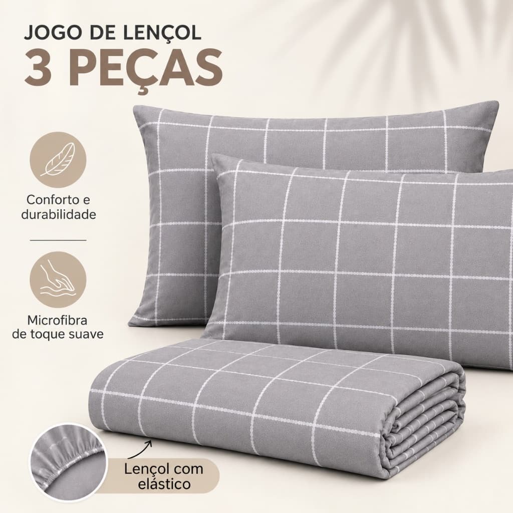 Jogo de Cama Lençol com Elástico 3 Peças Microfibra Macio Casal Queen