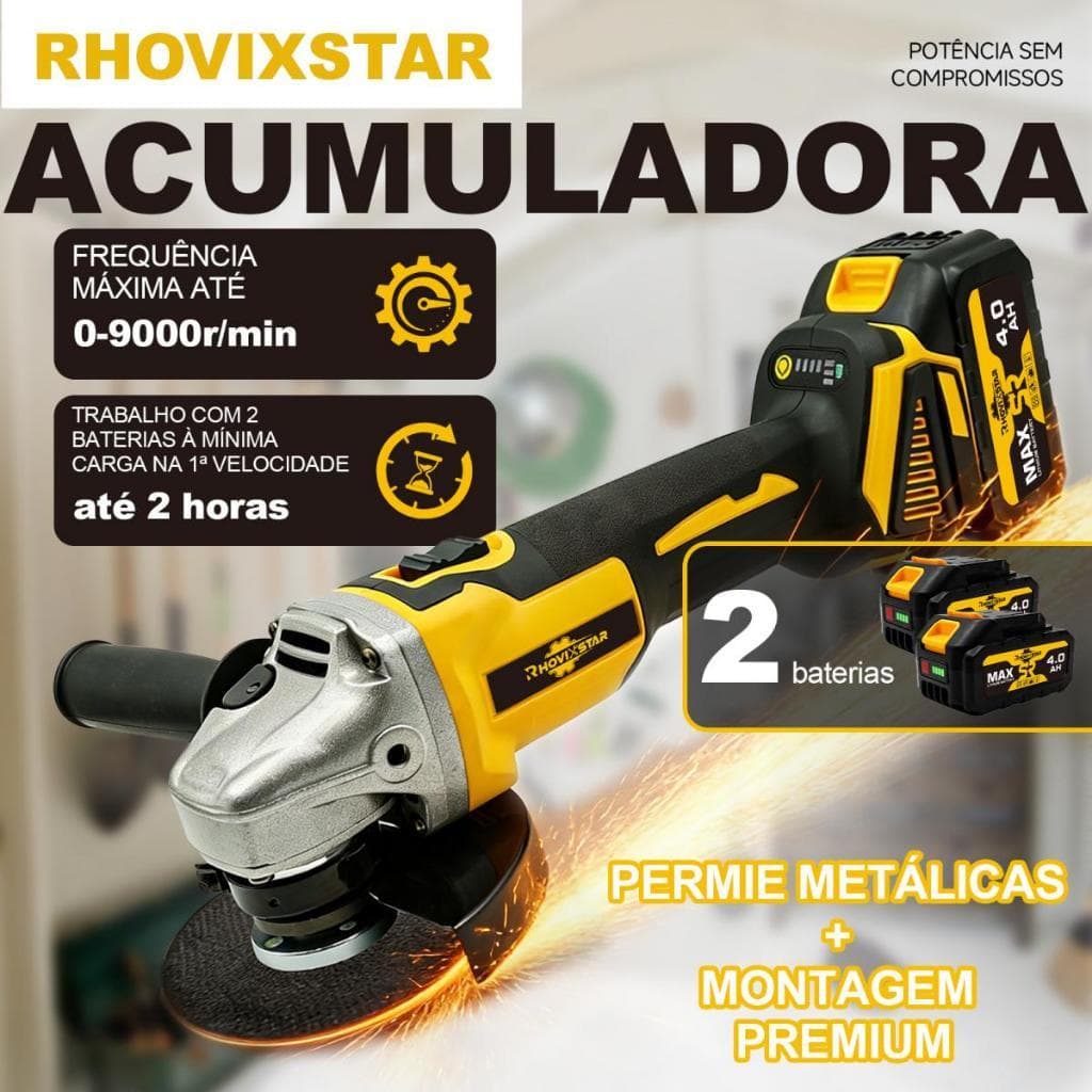 Elétrica Sem Fio Esmerilhadeira，Motor Brushless,20V,9000rpm，125mm，2 Baterias De 4AH,Conjunto Completo De Acessórios