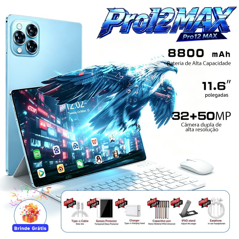 Tablet Galaxy Pro12 Max ROM 16 GB + 512 GB 12,8 polegadas HD 8800 mAh  Android 15 para estudos e trabalho parcelamento