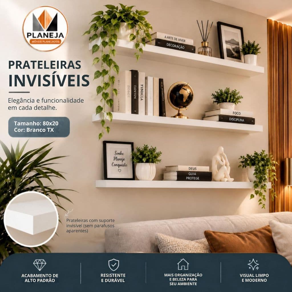 Prateleira MDF Branco TX  80x20cm   |  Parede | Suporte Invisível | Prateleira Suspensa para Quarto Sala Escritório