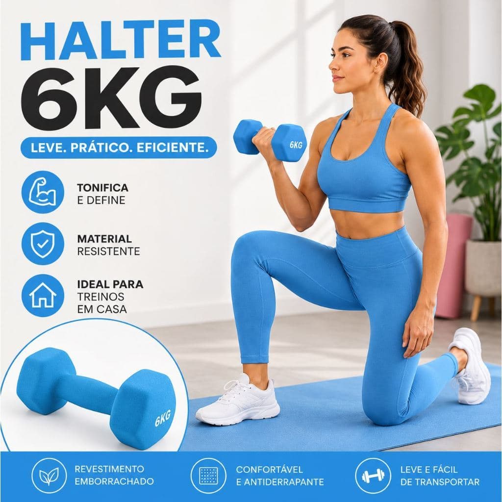 HALTER de 6 KG Emborrachado Antiderrapante Cor Azul - Para Treinos em Casa, Ar livre e Academia