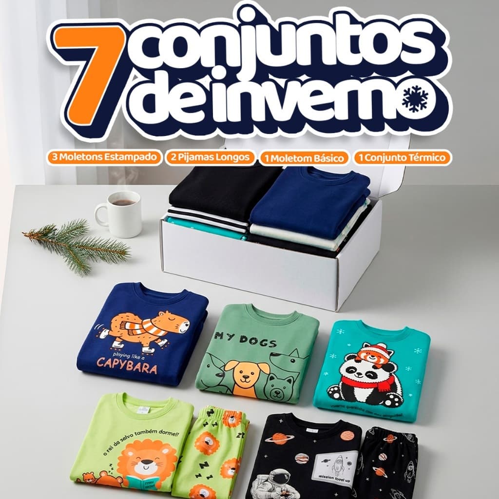 Box Liquida Inverno Menino - 3 Moletons Estampados + 2 Conjuntos Pijama Longo + 1 Moletom Básico + 1 Conjunto Térmico In