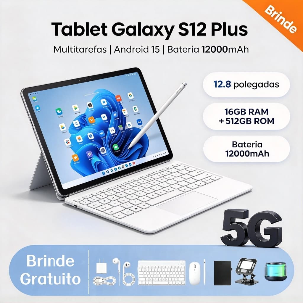 Tablet Galaxy S12 Plus 12,8 polegadas, 16 GB de RAM + 512 GB de ROM, bateria de 12.000 mAh, Android, 5G, Bluetooth Wi-Fi