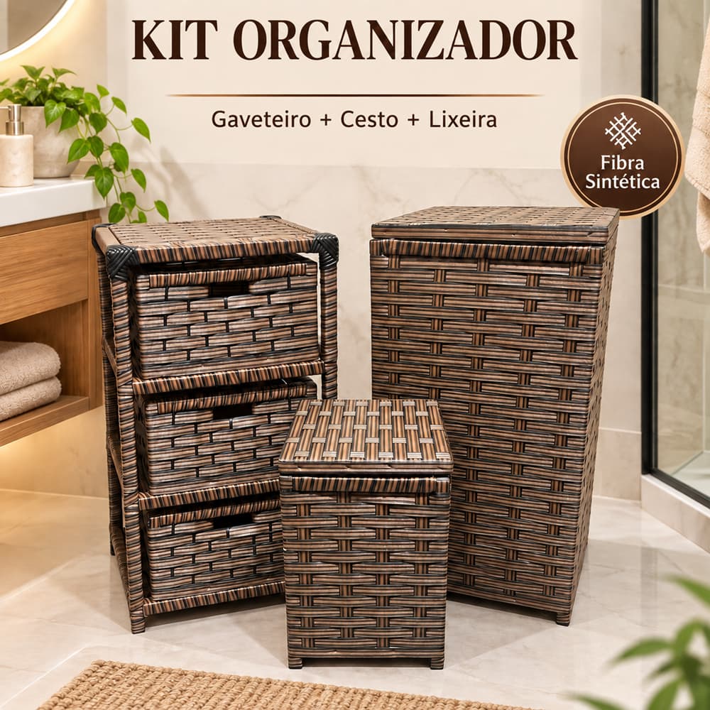 Kit Organizador Quarto Banheiro Fibra Sintética Cesto Gaveteiro Lixeira Lavanderia