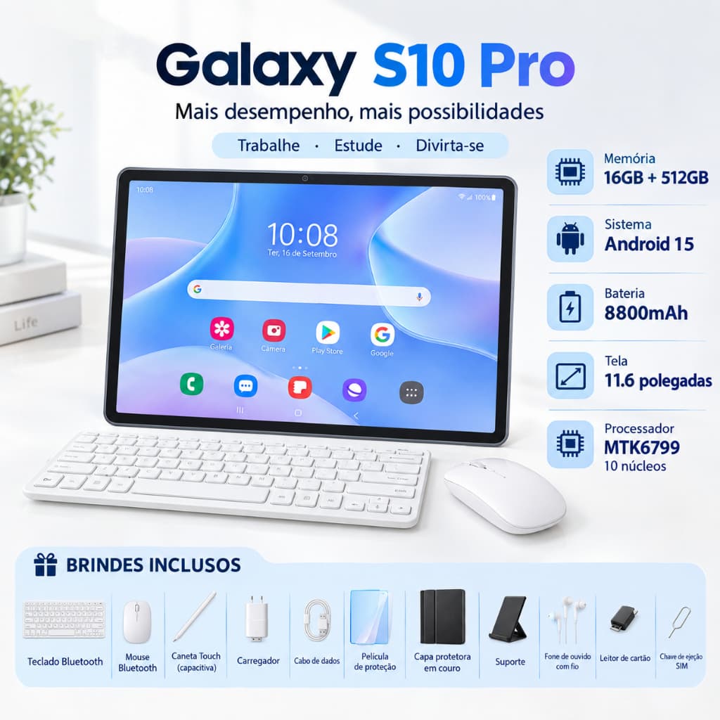Tablet Galaxy S10 Pro | 16GB RAM 512GB | 11.6" HD Screen | Android 15 | 5G | WIFI Kit Presente Natalino