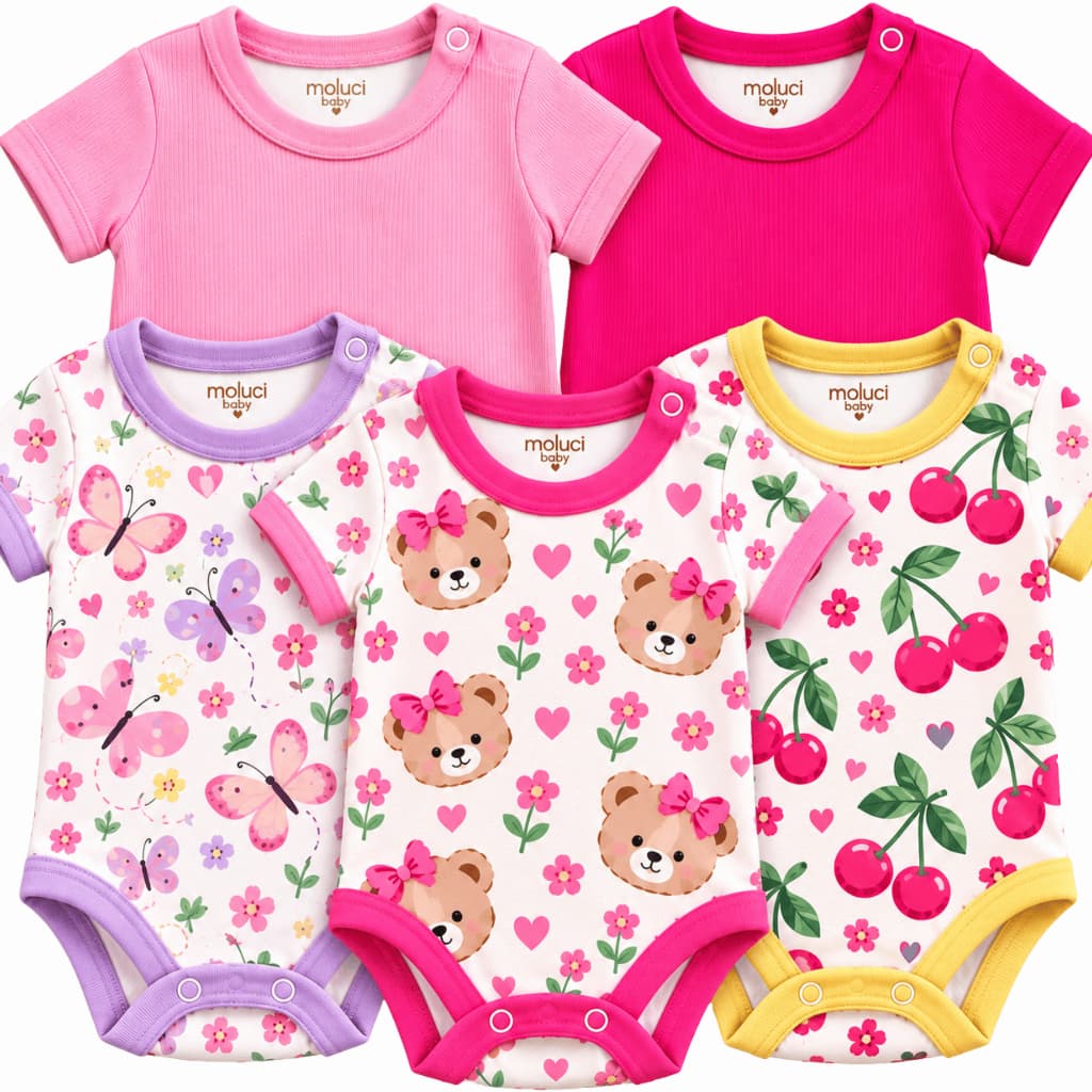 Kit 4 Body Bebê Menina Manga Curta Liso e Estampado Malha Canelada 100% Algodão Verão Enxoval RN P M G